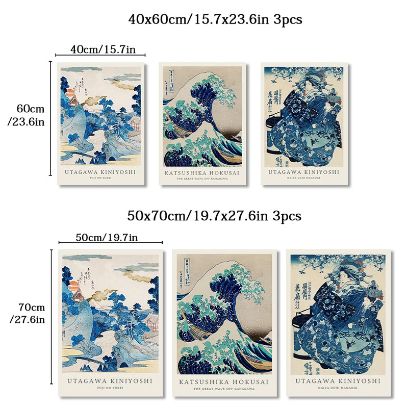 3PCS Hokusai Kanagawa Big Wave Japanese Blue Poster Abstract Wall Art Canvas Painting Print Picture Living Room Cafe Decor