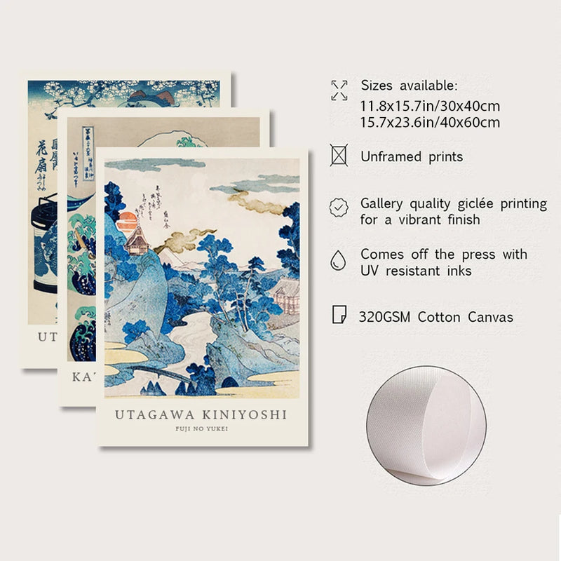 3PCS Hokusai Kanagawa Big Wave Japanese Blue Poster Abstract Wall Art Canvas Painting Print Picture Living Room Cafe Decor